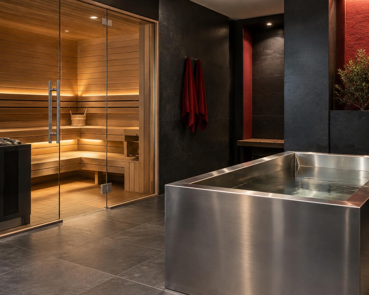 Illustrative sauna and cold bath recovery area
